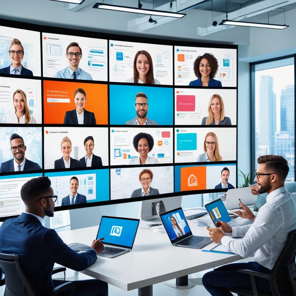 A diverse team of professionals engaging in a smooth online video conference, with vibrant screens showing collaborative tools like shared documents, chat windows, and virtual whiteboards. The background should feature a modern, tech-savvy office setting. futuristic design. super-realistic. vibrant colors.