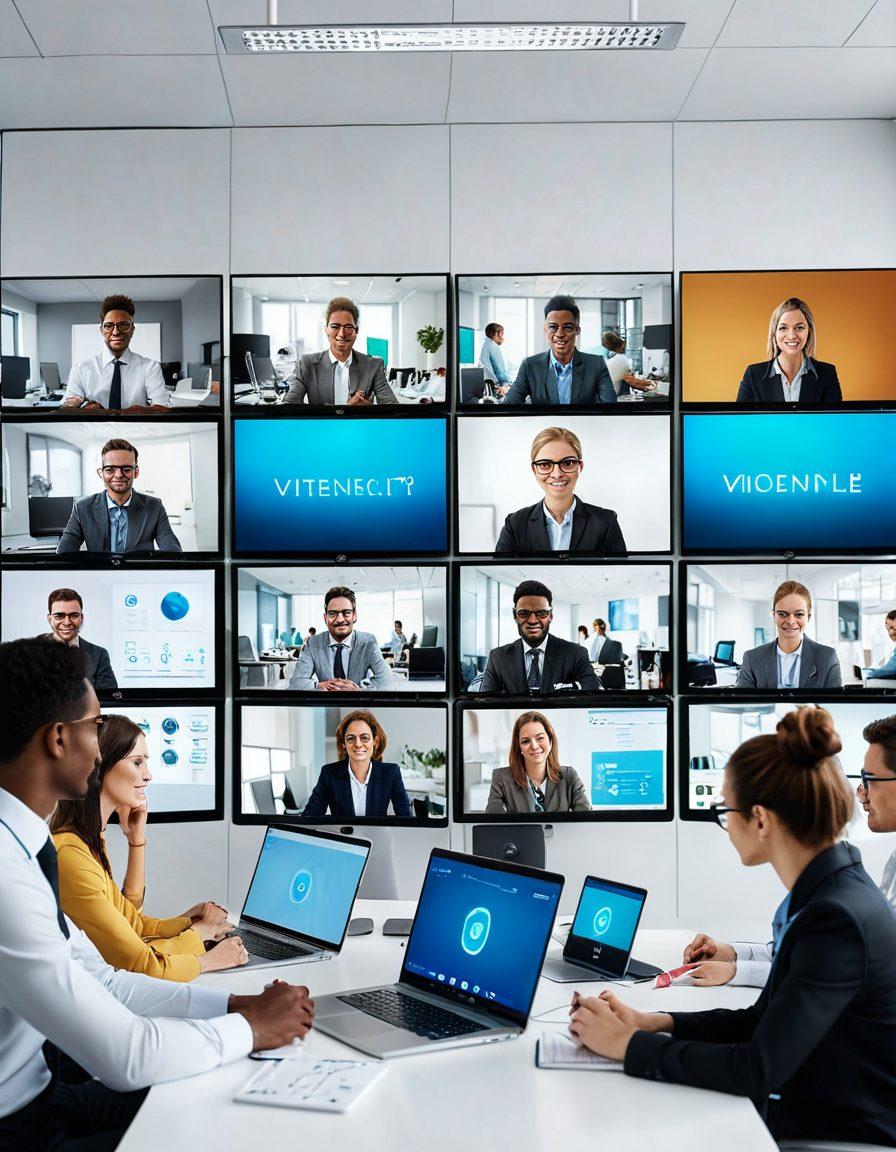 A dynamic office setting with diverse professionals engaging in a seamless video conference call. Various devices like laptops, tablets, and smartphones should be in use, showcasing different video conferencing software interfaces. Include a futuristic touch with holographic screens and sleek modern design elements. The image should convey connectivity, efficiency, and collaboration. vibrant colors. super-realistic. white background.