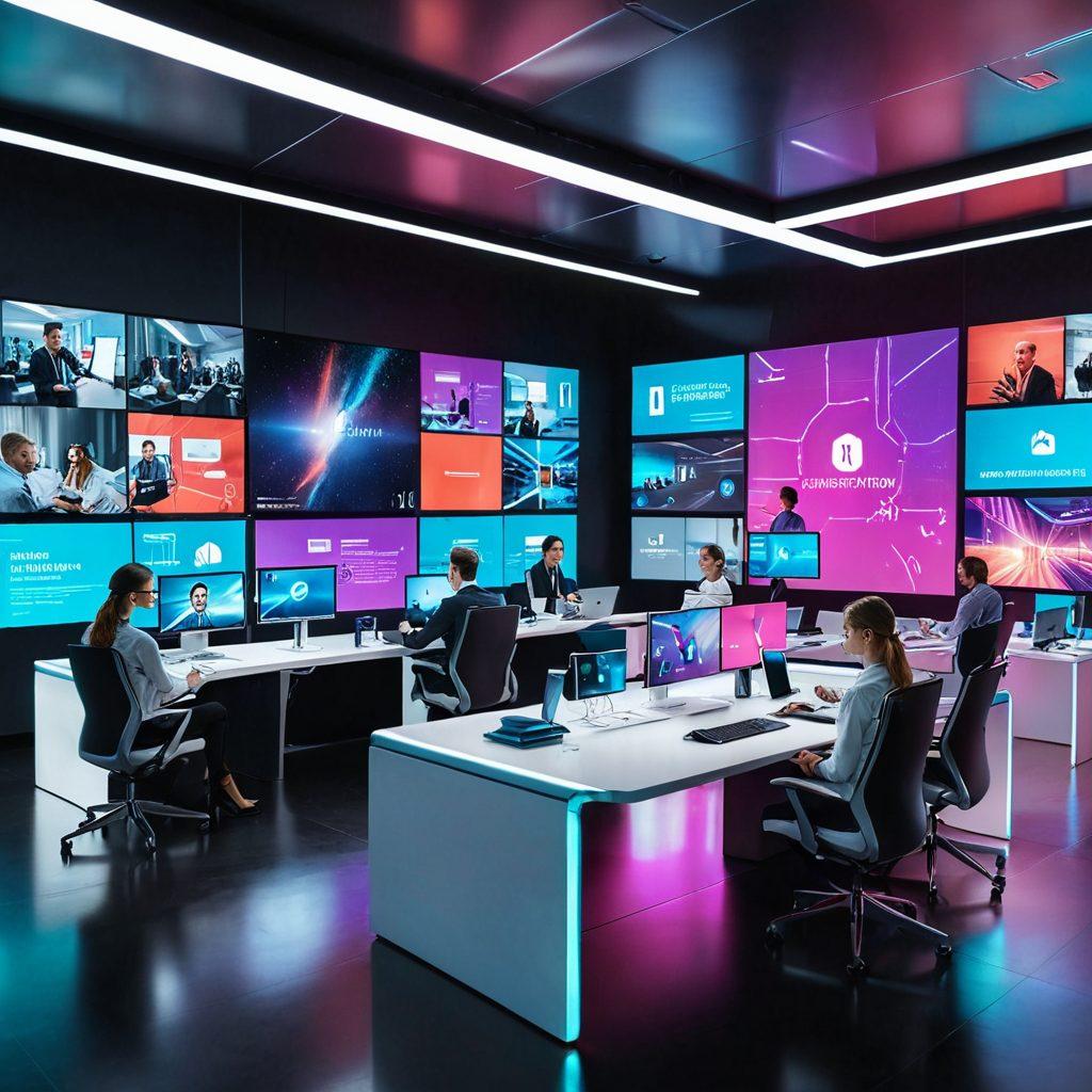 An ultra-modern office setting with diverse team members interacting via large holographic screens displaying various virtual meeting tools like Zoom, Microsoft Teams, and Google Meet. Busy yet organized desks, futuristic gadgets, and notes with productivity tips pinned on a digital board in the background. super-realistic, vibrant colors, futuristic.